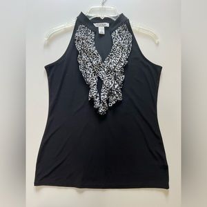 WHBM - Black Sleeveless V-Neck With Animal Print Ruffle - Size Medium